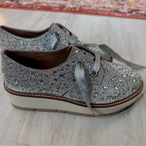 Gianni Bini Shoes - Gianni Bini Silver Crystal Lace-Up Platform Flats